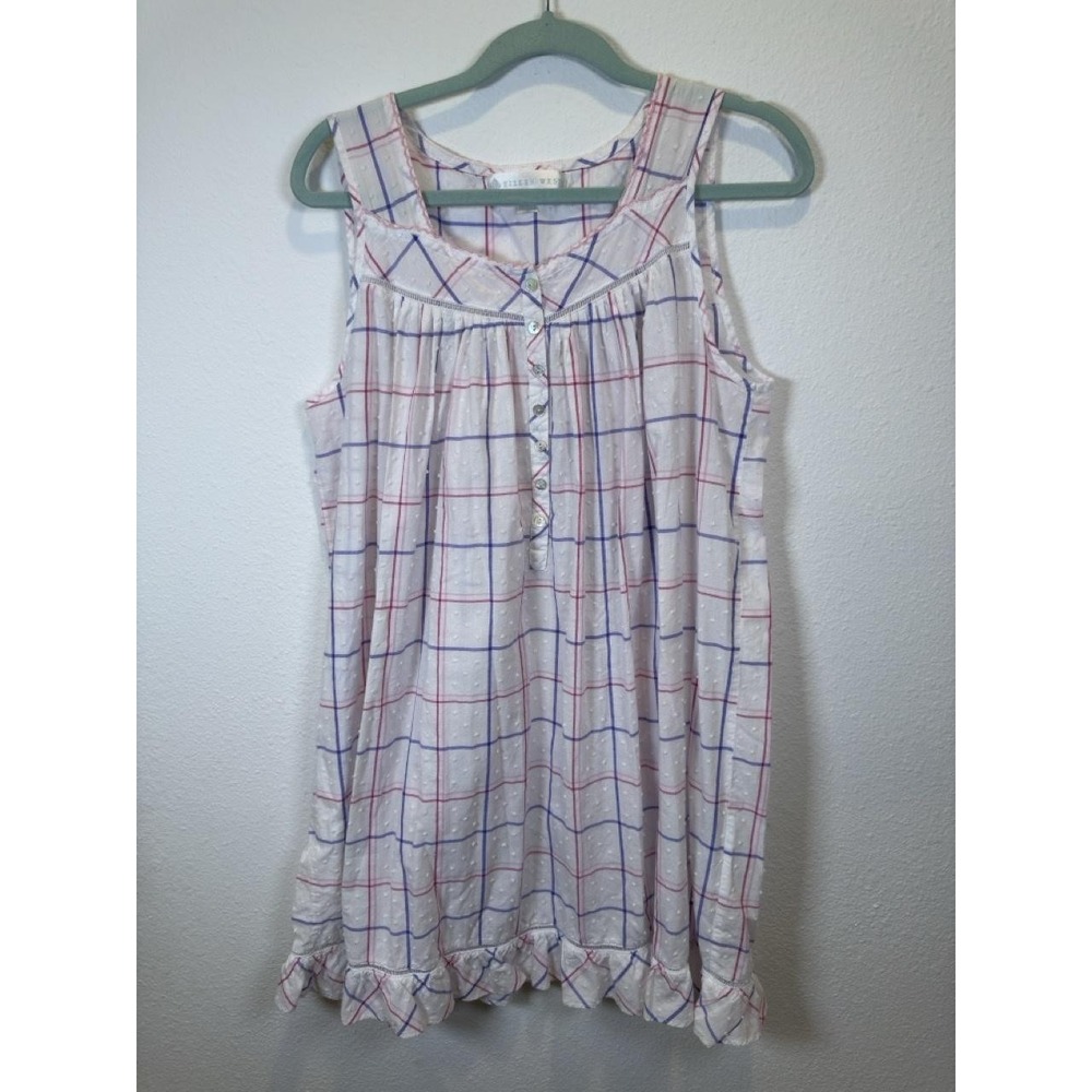 Eileen West Nightgown Womens Medium White Plaid Cotton Ruffle Hem Sleeveless
